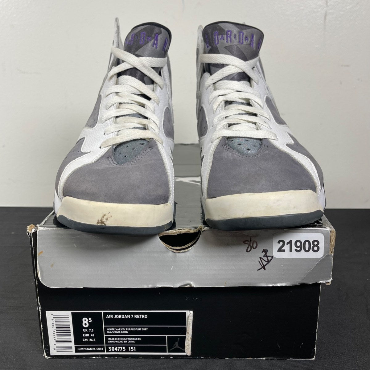 Jordan 7 Retro Flint 8.5 (Moderately Worn Pre-Owned)JordanWhite/Varsity Purple-Flint Grey - Image 2