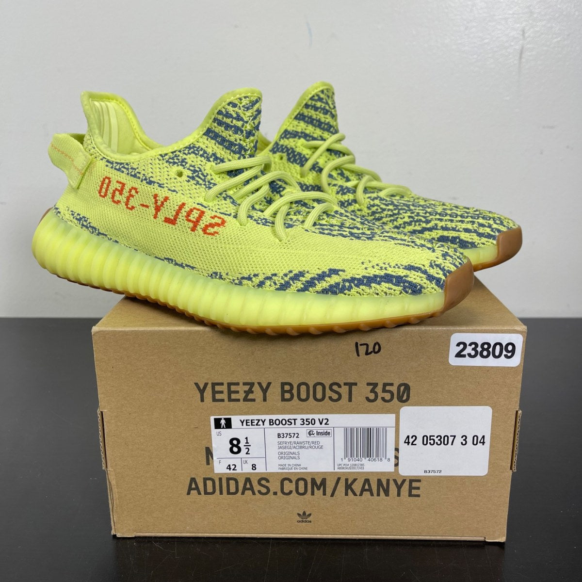 adidas Yeezy Boost 350 V2 Semi Frozen Yellow 8.5 (Moderately Worn Pre-Owned)adidasSemi Frozen Yellow/Raw Steel/Red - Image 1