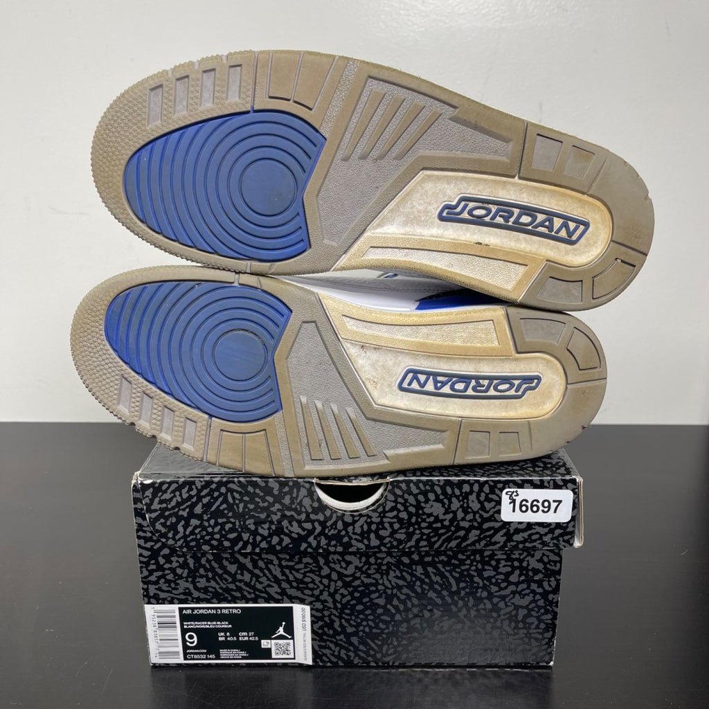 Jordan 3 Retro Racer Blue 9 (Moderately Worn Pre-Owned)JordanWhite/Black-Cement Grey-Racer Blue - Image 5