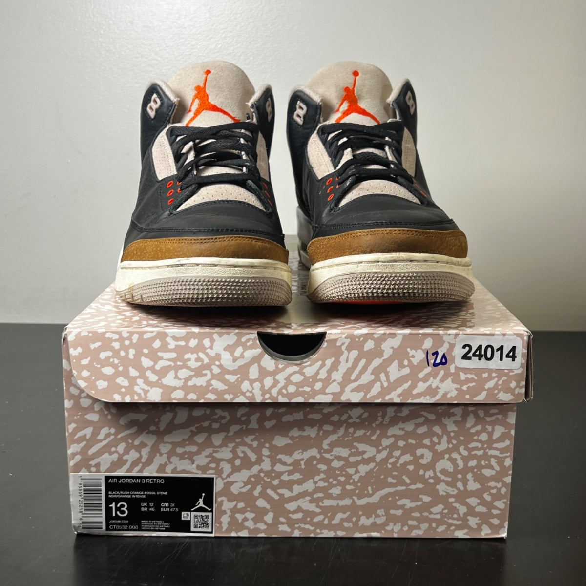 Jordan 3 Retro Desert Elephant 13 (Moderately Worn Pre-Owned)JordanBlack/Rush Orange/Fossil Stone/Sail - Image 2
