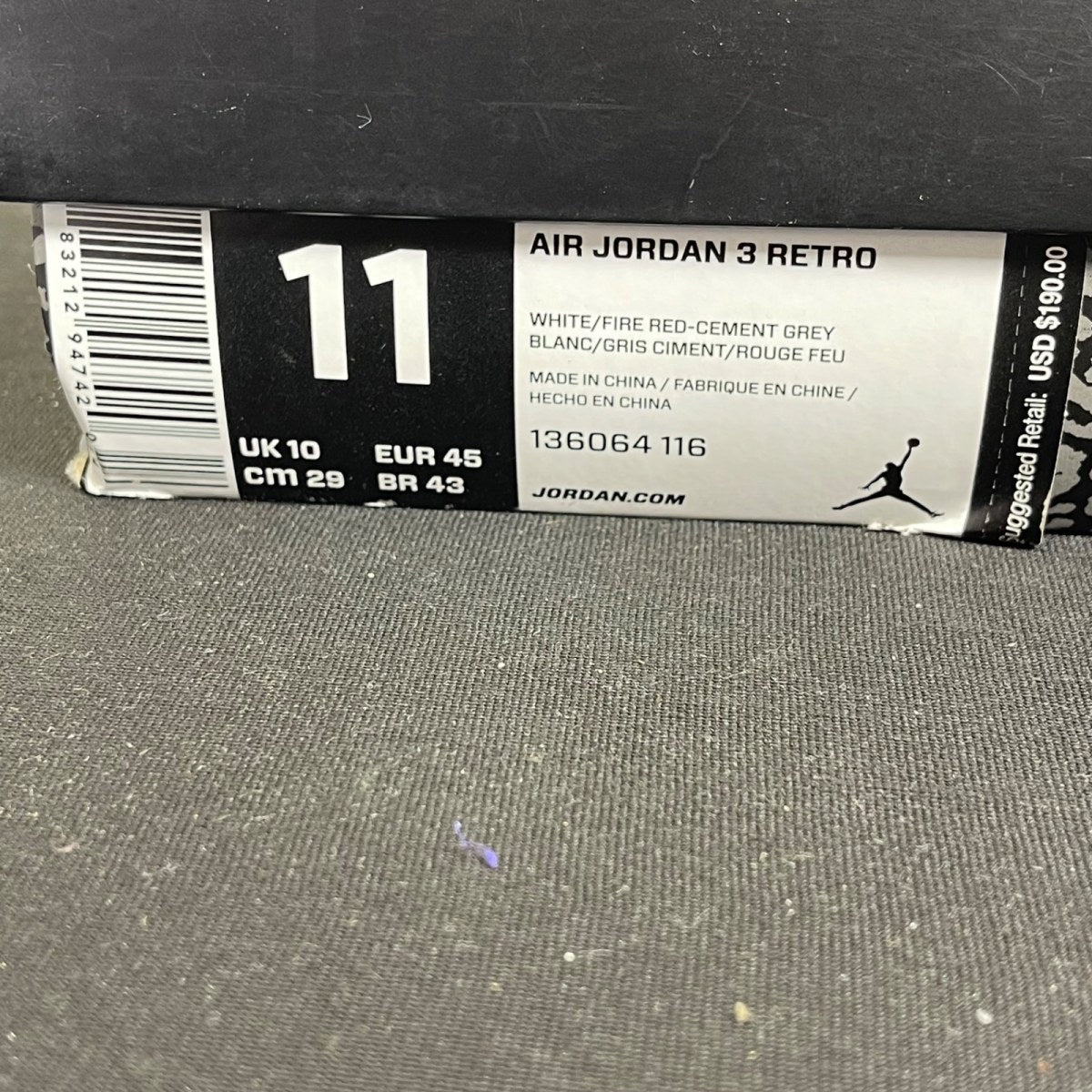 Jordan 3 Retro Hall of Fame 11 (Moderately Worn Pre-Owned)JordanWhite/Fire Red-Cement Grey-Black