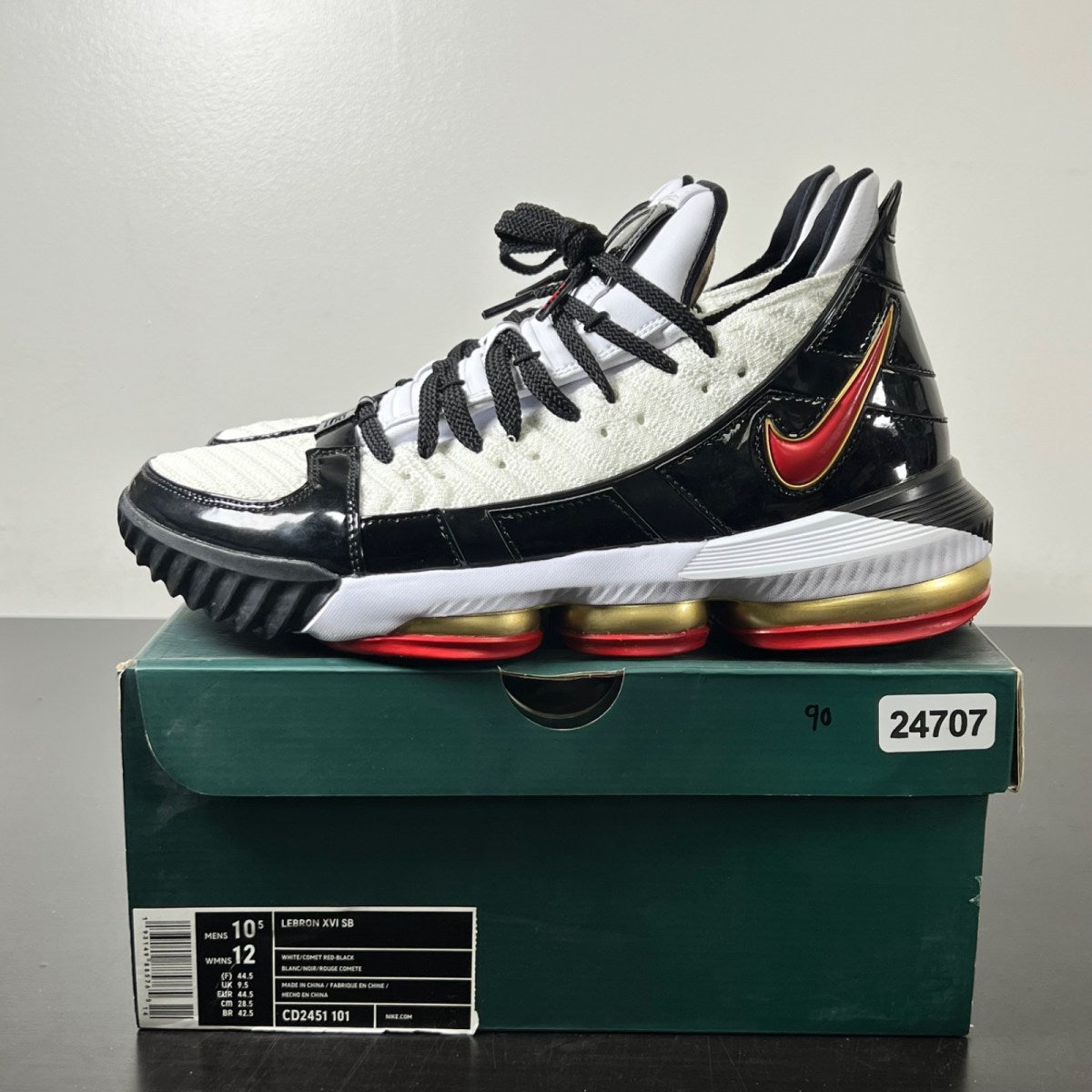 Nike LeBron 16 Remix 10.5 (Lightly Worn Pre-Owned)NikeWhite/Black-Metallic Gold-Varsity Crimson - Image 4