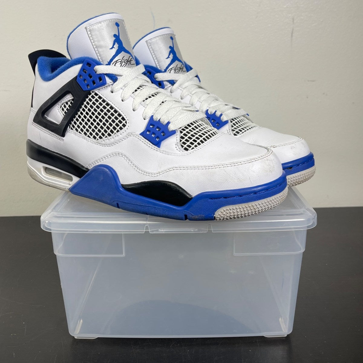 Jordan 4 Retro Motorsports (2017) 10 (Moderately Worn Pre-Owned)JordanWhite/Varsity Blue-Black - Image 1