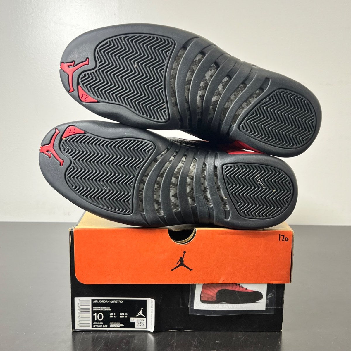 Jordan 12 Retro Reverse Flu Game 10 (Lightly Worn Pre-Owned)JordanVarsity Red/Black - Image 6