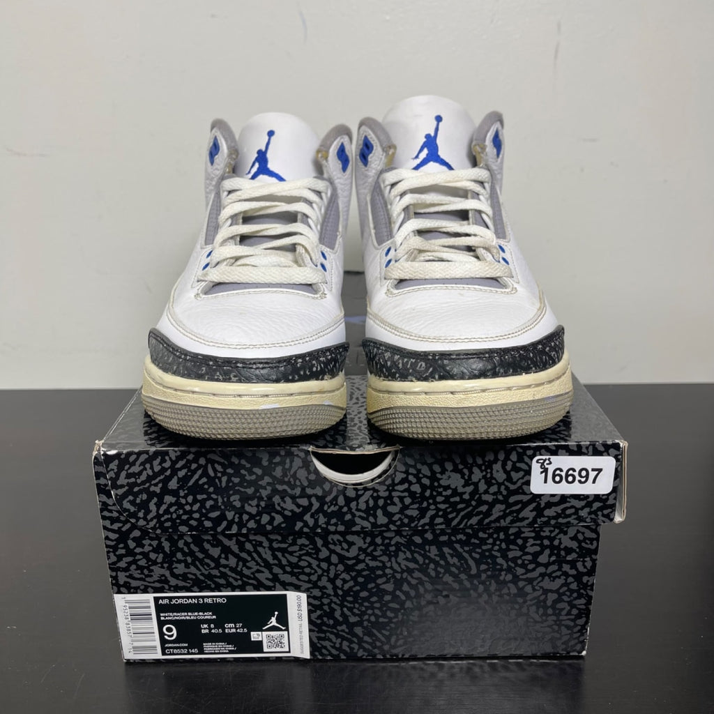 Jordan 3 Retro Racer Blue 9 (Moderately Worn Pre-Owned)JordanWhite/Black-Cement Grey-Racer Blue - Image 2