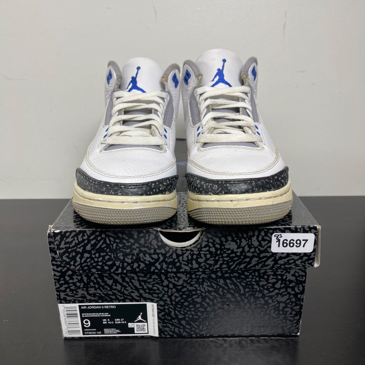 Jordan 3 Retro Racer Blue 9 (Moderately Worn Pre-Owned)JordanWhite/Black-Cement Grey-Racer Blue - Image 2