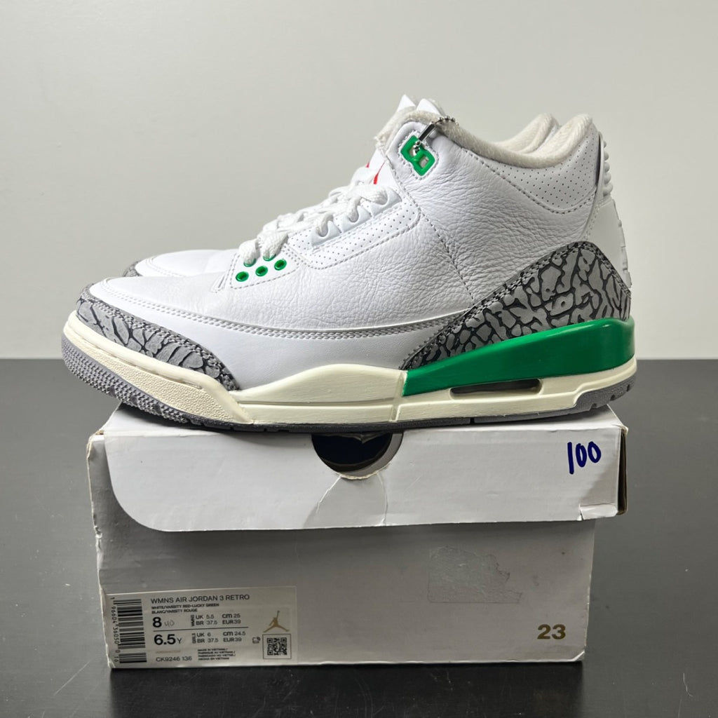 Jordan 3 Retro Lucky Green (Women's) 8W (Moderately Worn Pre-Owned)JordanWhite/Lucky Green/Varsity Red/Cement Grey/Sail - Image 3