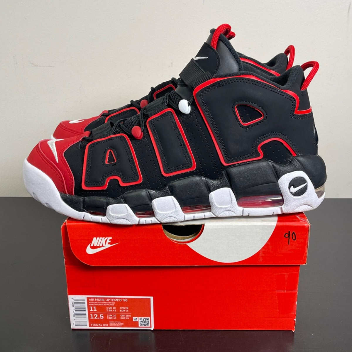 Nike Air More Uptempo 96 Red Toe 11 (Moderately Worn Pre-Owned)NikeBlack/Black-Red-White - Image 3