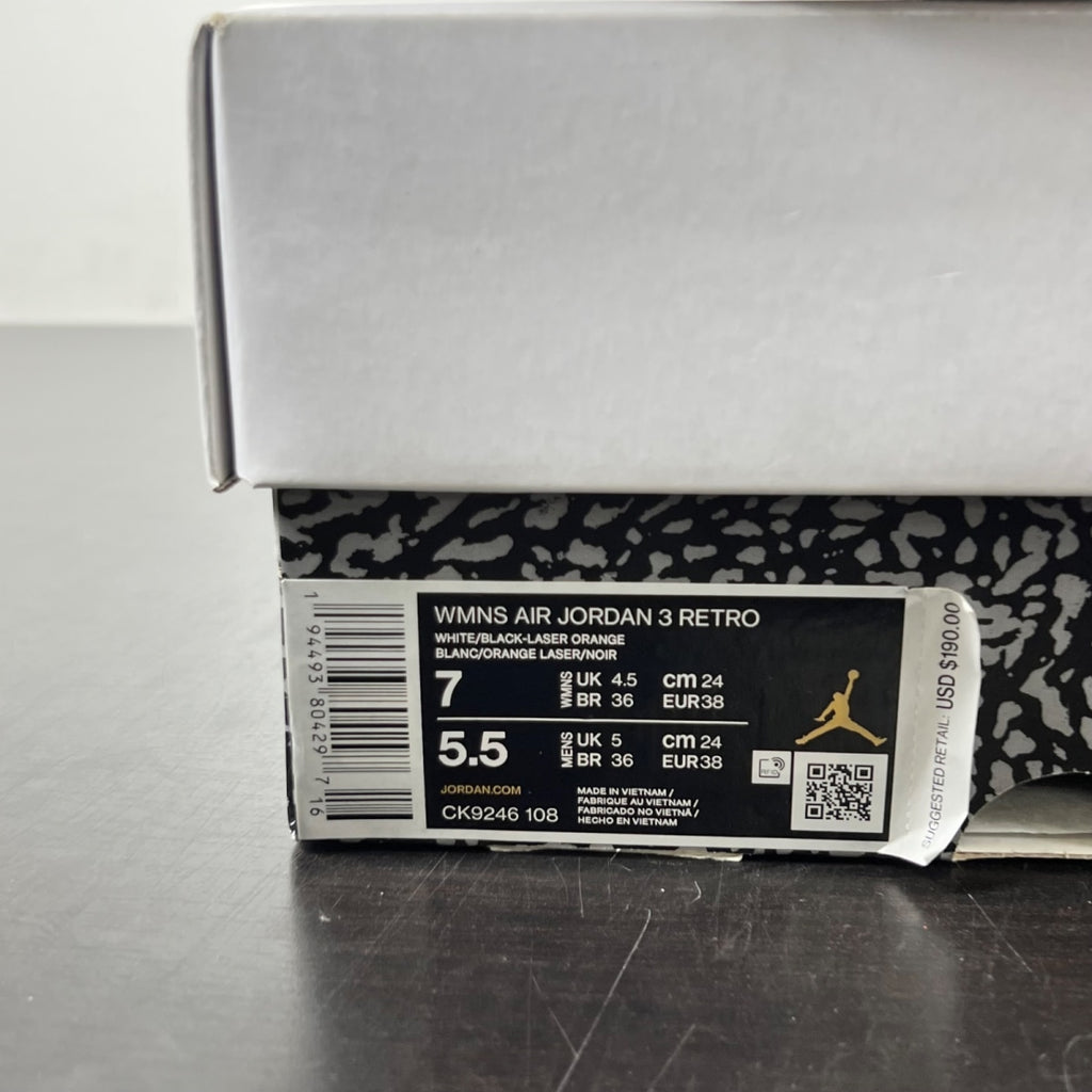 Jordan 3 Retro Laser Orange (Women's) 7W (Lightly Worn Pre-Owned)JordanWhite/Laser Orange-Cement Grey-Black - Image 6
