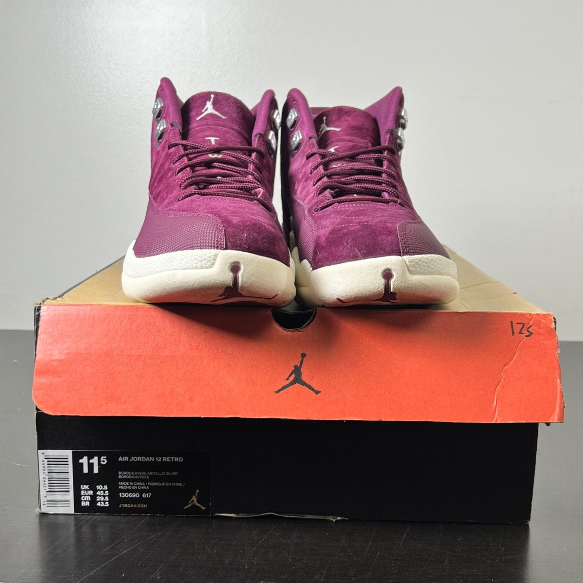 Jordan 12 Retro Bordeaux 11.5 (Lightly Worn Pre-Owned)JordanBordeaux/Sail-Metallic Silver - Image 2