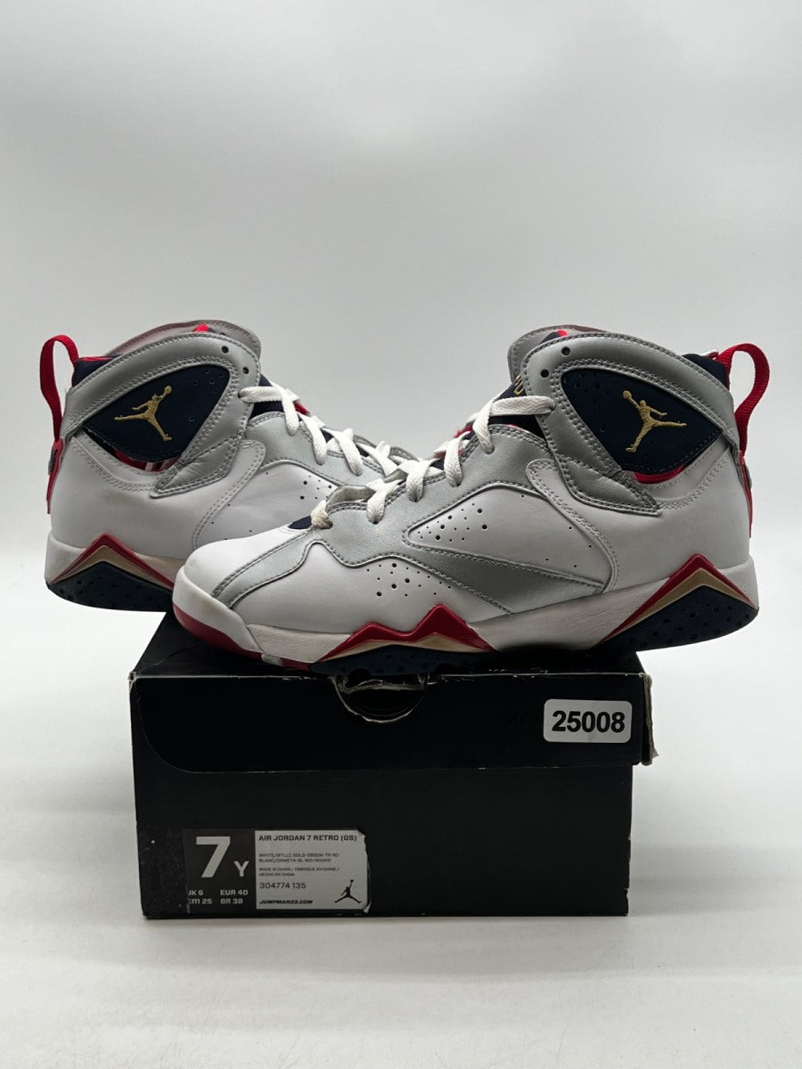 Jordan 7 Retro Olympic (2012) (GS) 7Y (Moderately Worn Pre-Owned)JordanWhite/Metallic Gold-Obsdn-Tr Red - Image 1