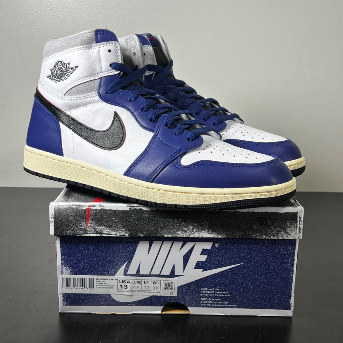 Jordan 1 Retro High OG Rare Air 13 (Lightly Worn Pre-Owned)JordanWhite/Black-Neutral Grey-Deep Royal Blue-Muslin - Image 1