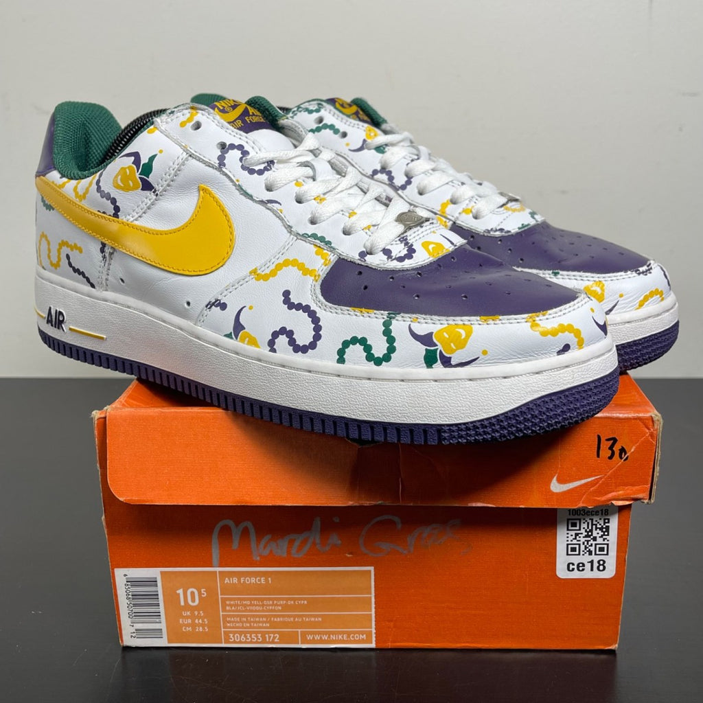 Nike Air Force 1 Low Mardi Gras 10.5 (Moderately Worn Pre-Owned)NikeWhite/Medium Yell-Purp-Dark Cypress - Image 1