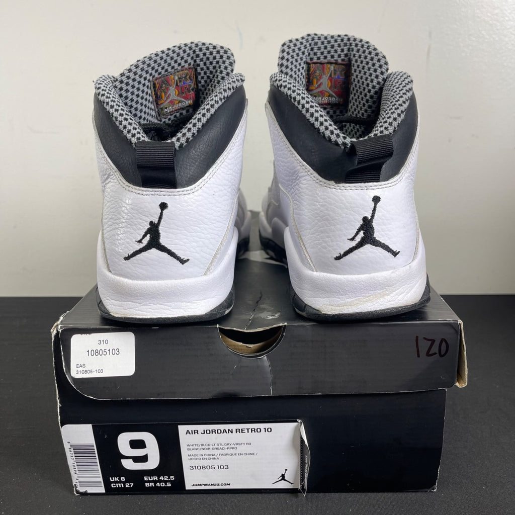 Jordan 10 Retro Steel (2013) 9 (Moderately Worn Pre-Owned)JordanWhite/Black-Light Steel Grey-Varsity Maize - Image 4