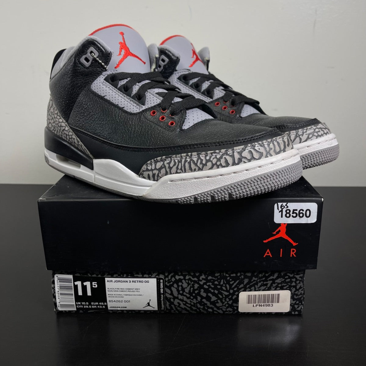 Jordan 3 Retro Black Cement (2018) 11.5 (Moderately Worn Pre-Owned)JordanBlack/Fire Red-Cement Grey-White - Image 1