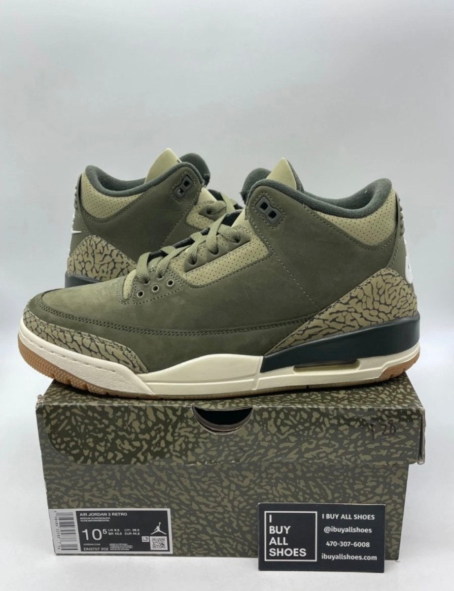 Jordan 3 Retro Family Affair 10.5 (Lightly Worn Pre-Owned)JordanMedium Olive/Sequoia/Neutral Olive/Sail/Total Crimson - Image 1