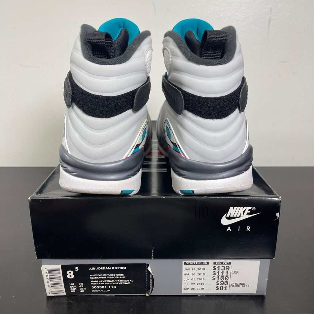 Jordan 8 Retro South Beach 8.5 (Moderately Worn Pre-Owned)JordanWhite/White-Turbo Green-Neutral Grey - Image 4