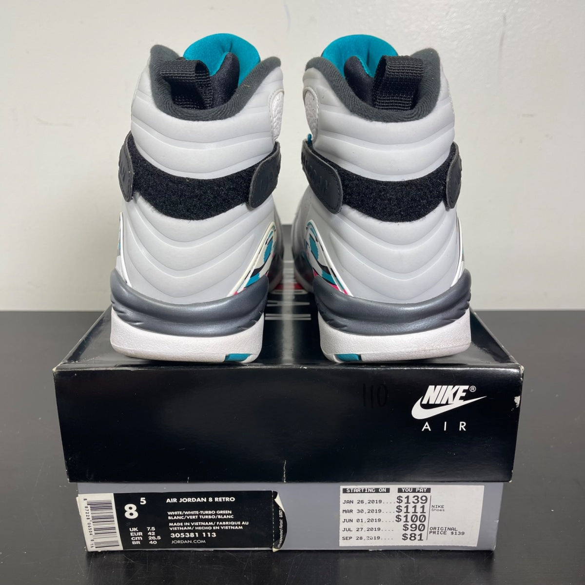 Jordan 8 Retro South Beach 8.5 (Moderately Worn Pre-Owned)JordanWhite/White-Turbo Green-Neutral Grey - Image 4