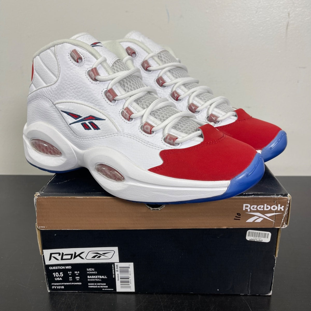 Reebok Question Mid Red Toe 25th Anniversary 10.5 (Moderately Worn Pre-Owned)ReebokWhite/White-Red - Image 1