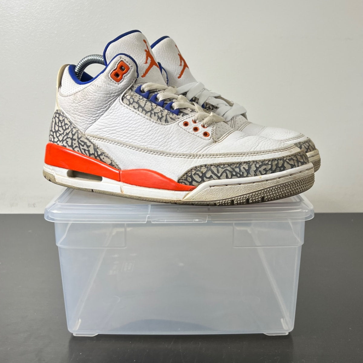 Jordan 3 Retro Knicks 8 (Heavily Worn Pre-Owned)JordanWhite/Old Royal-University Orange-Tech Grey - Image 1