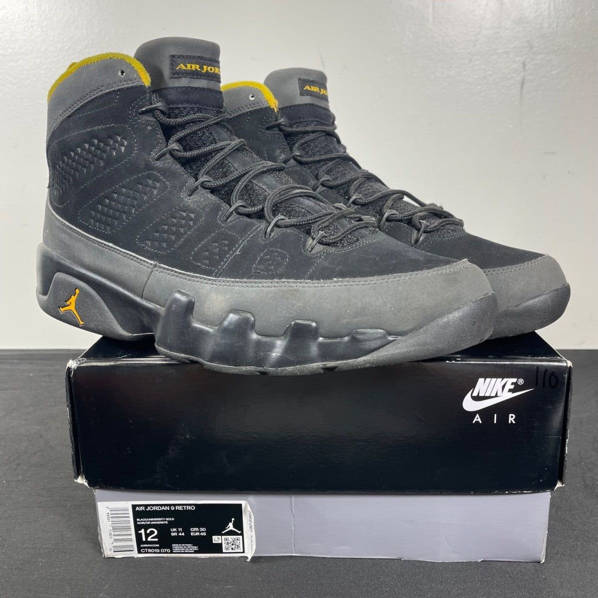 Jordan 9 Retro Dark Charcoal University Gold 12 (Moderately Worn Pre-Owned)JordanBlack/Dark Charcoal-University Gold - Image 1