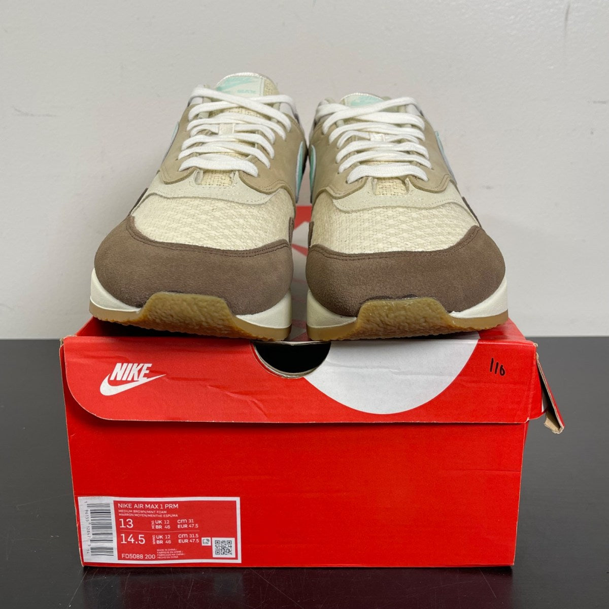 Nike Air Max 1 Crepe Brown (2022) 13 (Moderately Worn Pre-Owned)NikeMedium Brown/Mint Foam/Mushroom/Muslin - Image 2