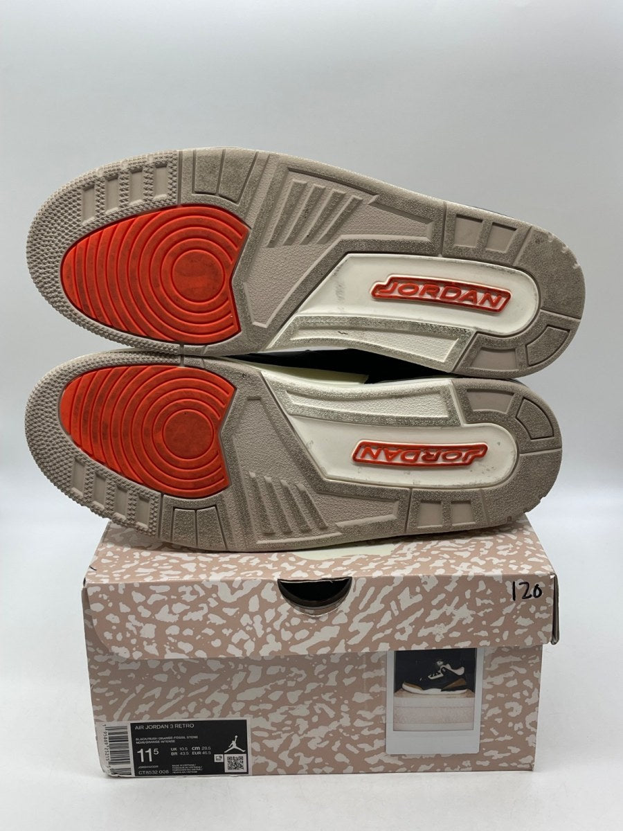Jordan 3 Retro Desert Elephant 11.5 (Moderately Worn Pre-Owned)JordanBlack/Rush Orange/Fossil Stone/Sail - Image 7