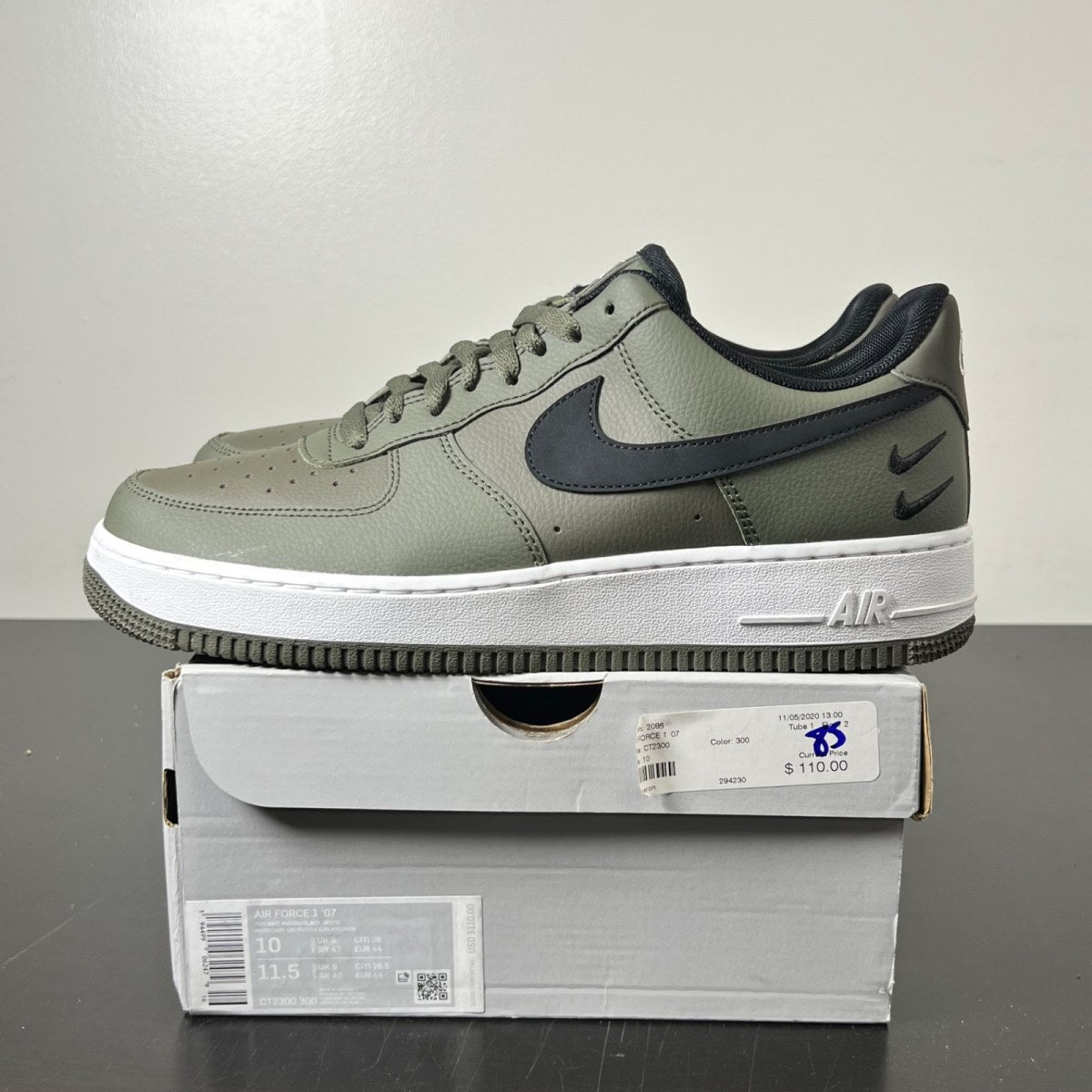 Nike Air Force 1 Low '07 Olive Black Double Swoosh 10 (Lightly Worn Pre-Owned)NikeOlive/Black-White - Image 3