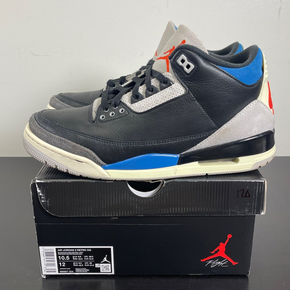Jordan 3 Retro OG Rare Air 10.5 (Moderately Worn Pre-Owned)JordanBlack/Chile Red/Neutral Grey/Military Blue/Coconut Milk - Image 3