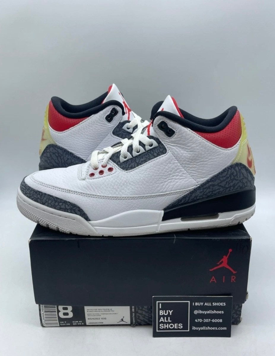 Jordan 3 Retro SE Fire Red Denim (2020) 8 (Moderately Worn Pre-Owned)JordanWhite/Black-Fire Red - Image 1