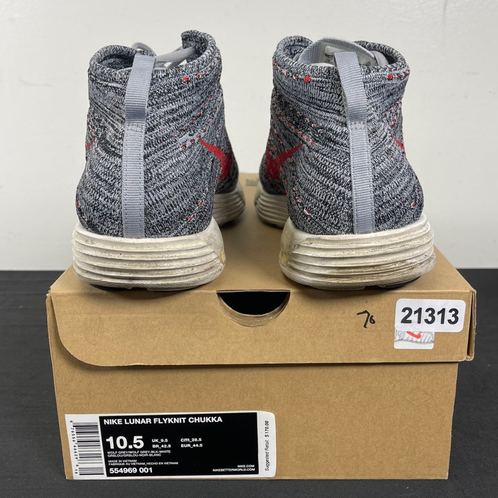 Nike Lunar Flyknit Chukka Wolf Grey Red 10.5 (Moderately Worn Pre-Owned)NikeWolf Grey/Wolf Grey-Black-White - Image 4
