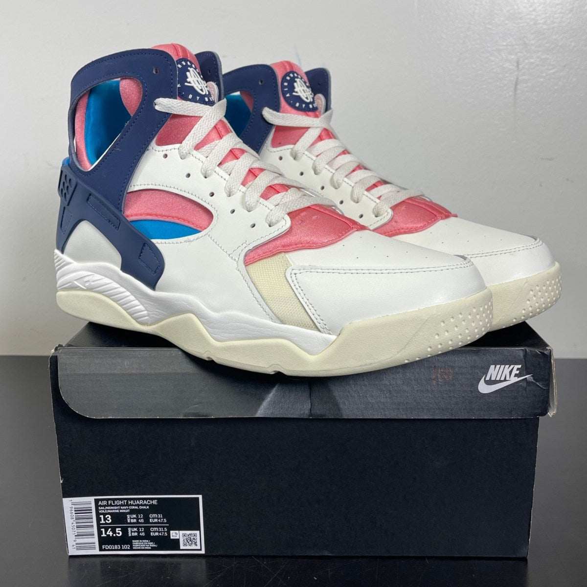 Nike Air Flight Huarache Nike Gear Coral Chalk Laser Blue 13 (Moderately Worn Pre-Owned)NikeSail/Midnight Navy-Coral Chalk-Laser Blue-Speed Yellow-Coconut Milk - Image 1