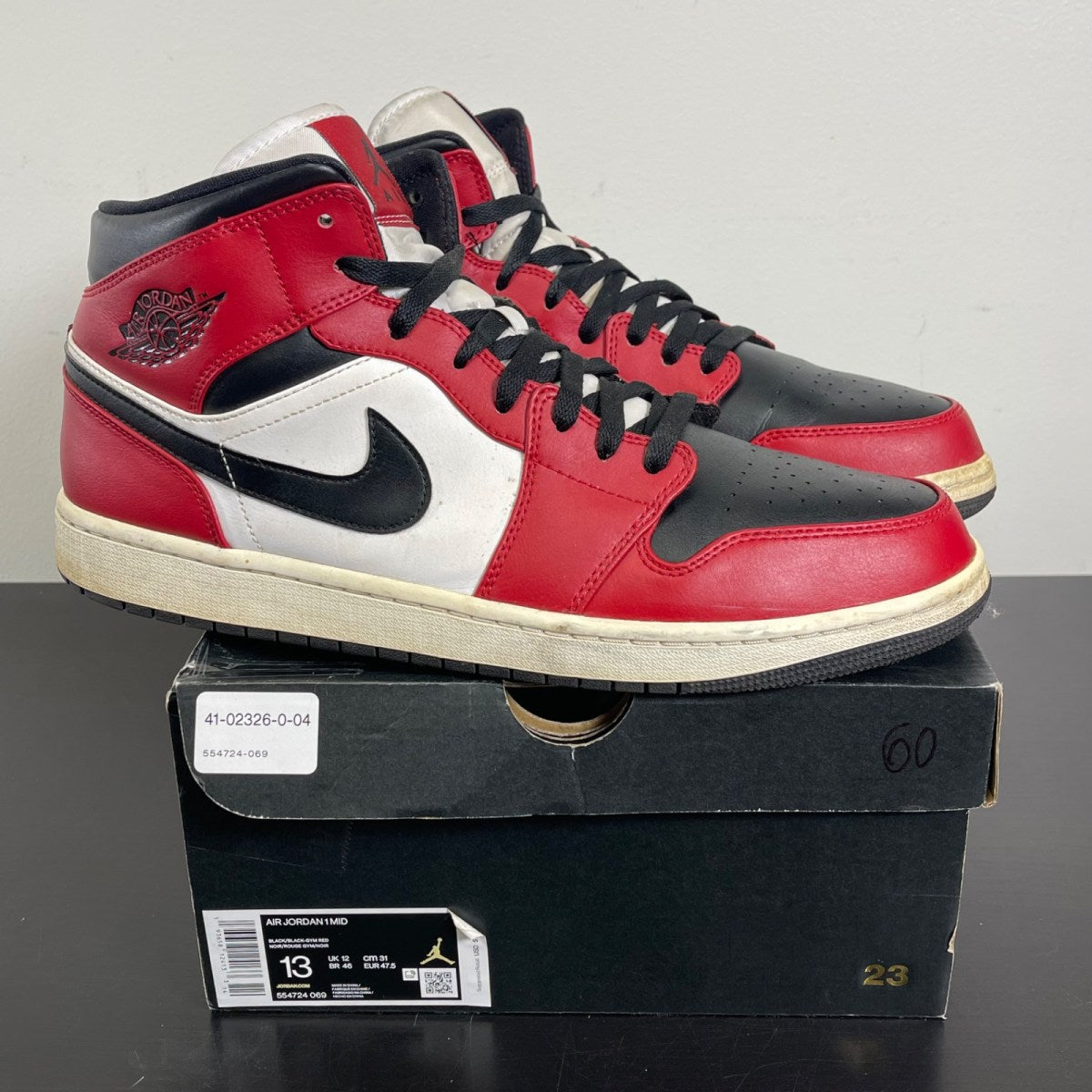 Jordan 1 Mid Chicago Toe 13 (Moderately Worn Pre-Owned)JordanBlack/Gym Red-White - Image 1