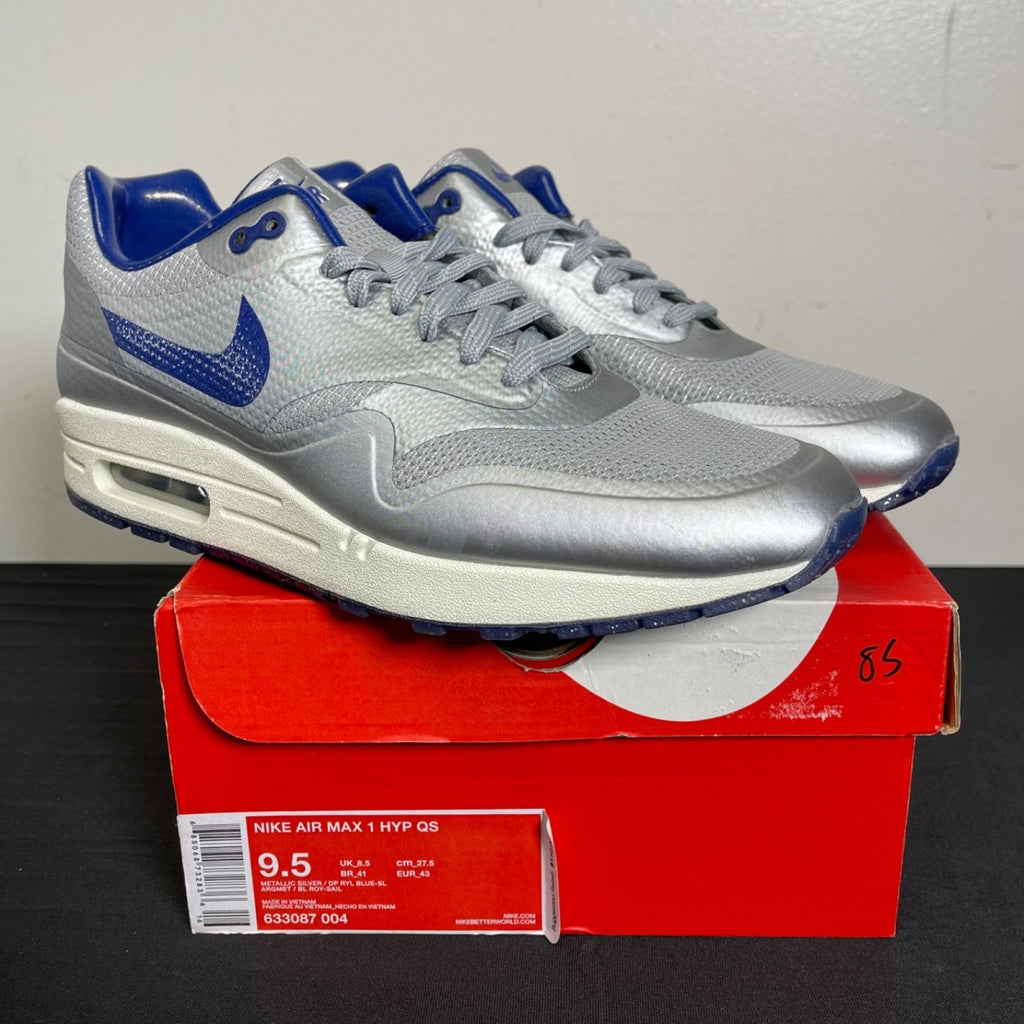 Nike Air Max 1 Night Track Royal 9.5 (Moderately Worn Pre-Owned)NikeMetallic Silver/Deep Royal Blue-Sail - Image 1