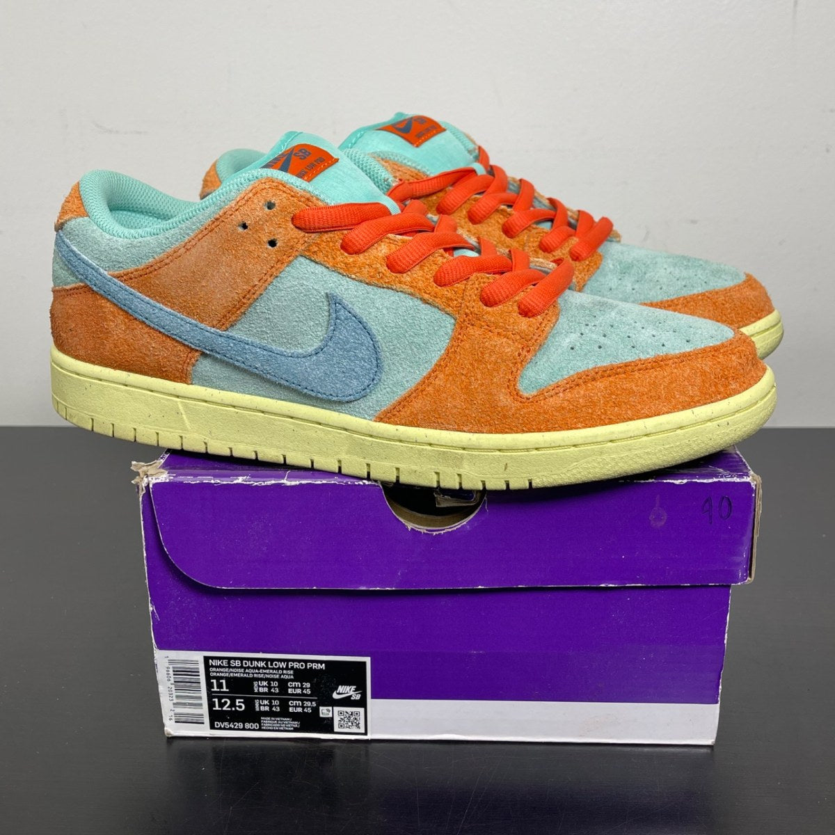 Nike SB Dunk Low Orange Emerald Rise 11 (Moderately Worn Pre-Owned)NikeOrange/Noise Aqua-Emerald Rise-Lemon Chiffon - Image 1