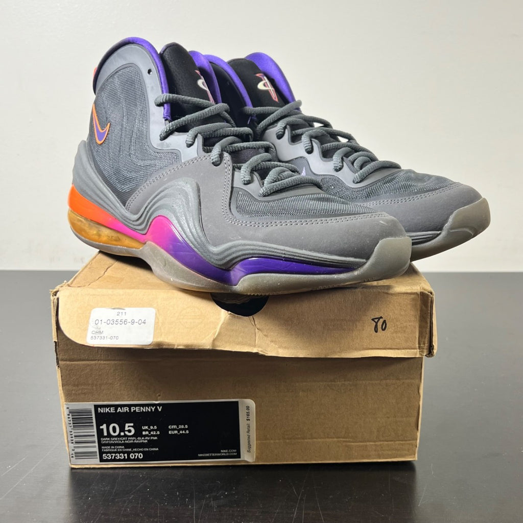 Nike Penny V Phoenix Suns 10.5 (Moderately Worn Pre-Owned)NikeDark Grey/Black-Rave Pink-Court Purple - Image 1