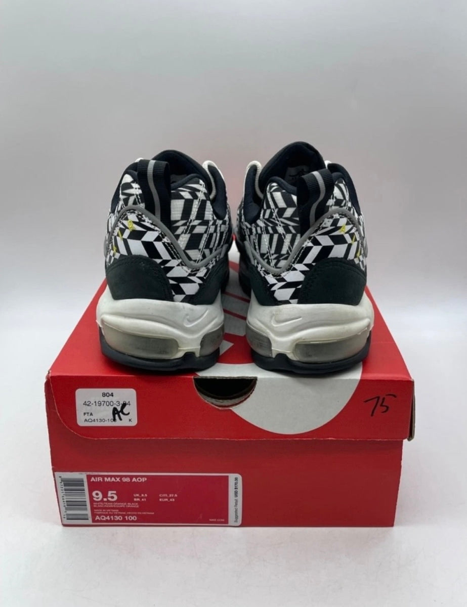 Nike Air Max 98 AOP Black 9.5 (Lightly Worn Pre-Owned)NikeWhite/Team Orange-Black - Image 3