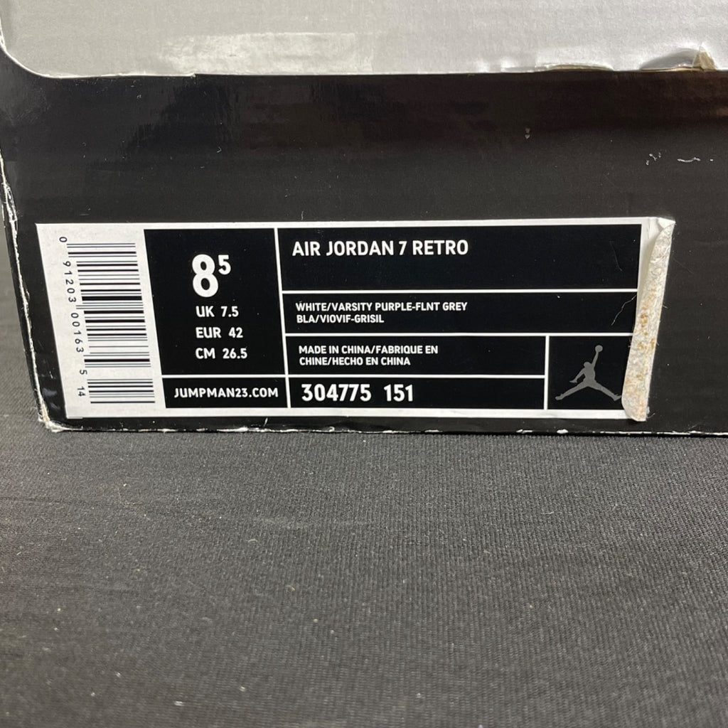 Jordan 7 Retro Flint 8.5 (Moderately Worn Pre-Owned)JordanWhite/Varsity Purple-Flint Grey - Image 7