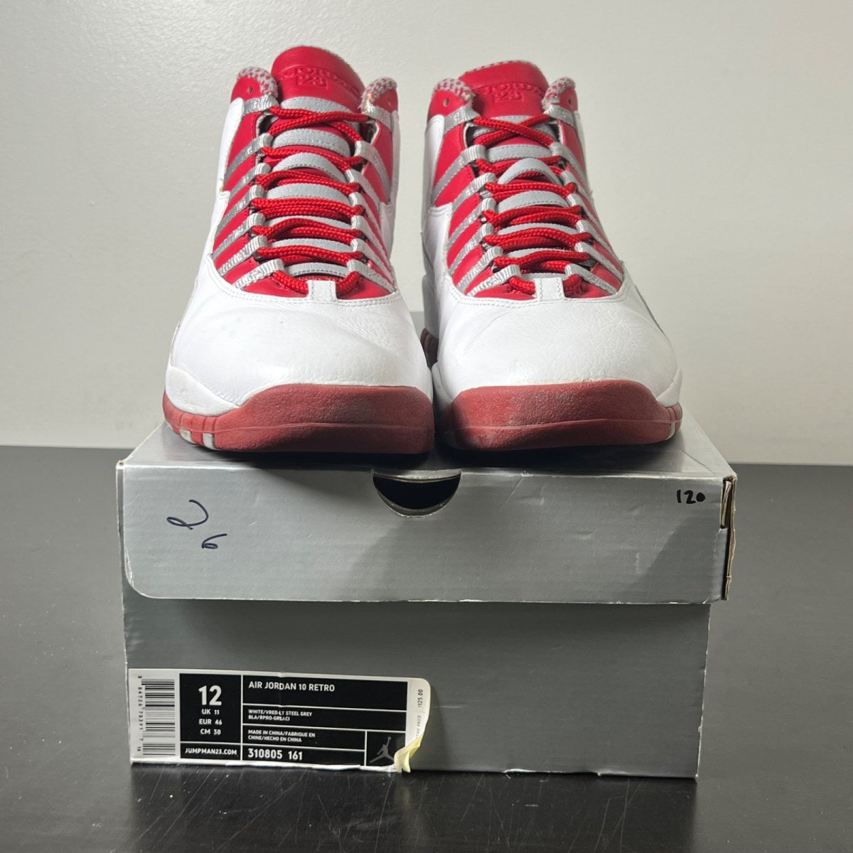 Jordan 10 Retro Red Steel 12 (Moderately Worn Pre-Owned)JordanWhite/Varsity Red/Light Steel Grey - Image 2