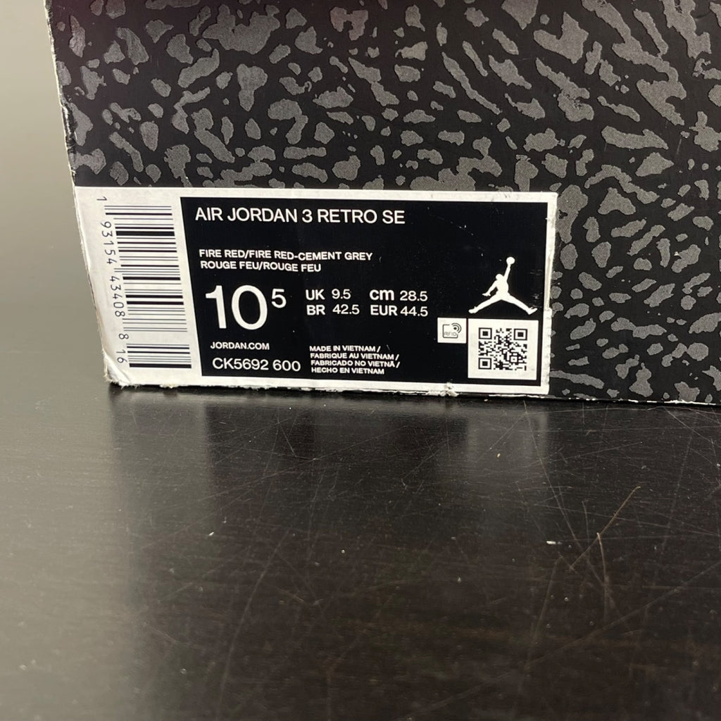 Jordan 3 Retro SE Unite 10.5 (Moderately Worn Pre-Owned)JordanFire Red/Fire Red-Cement Grey-Black - Image 7