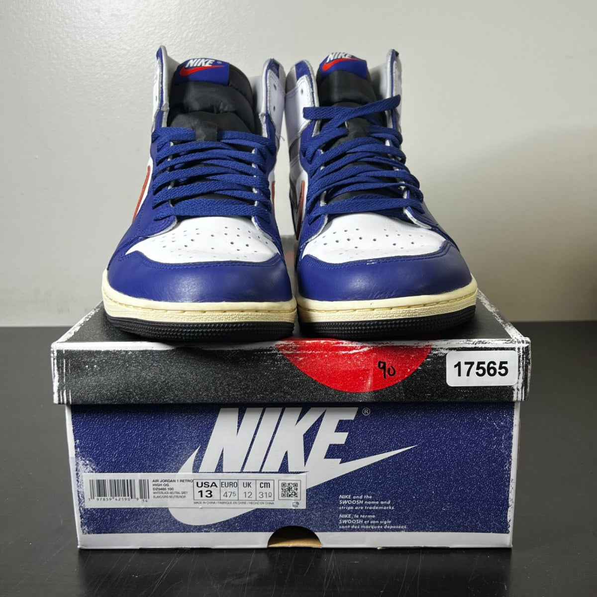 Jordan 1 Retro High OG Rare Air 13 (Moderately Worn Pre-Owned)JordanWhite/Black-Neutral Grey-Deep Royal Blue-Muslin - Image 2