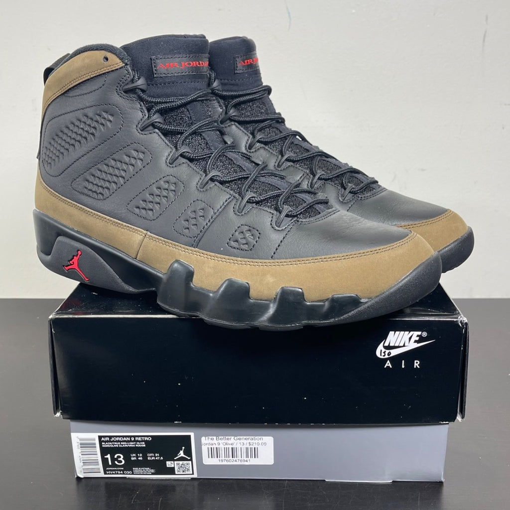 Jordan 9 Retro Olive (2024) 13 (Moderately Worn Pre-Owned)JordanBlack/True Red/Light Olive - Image 1