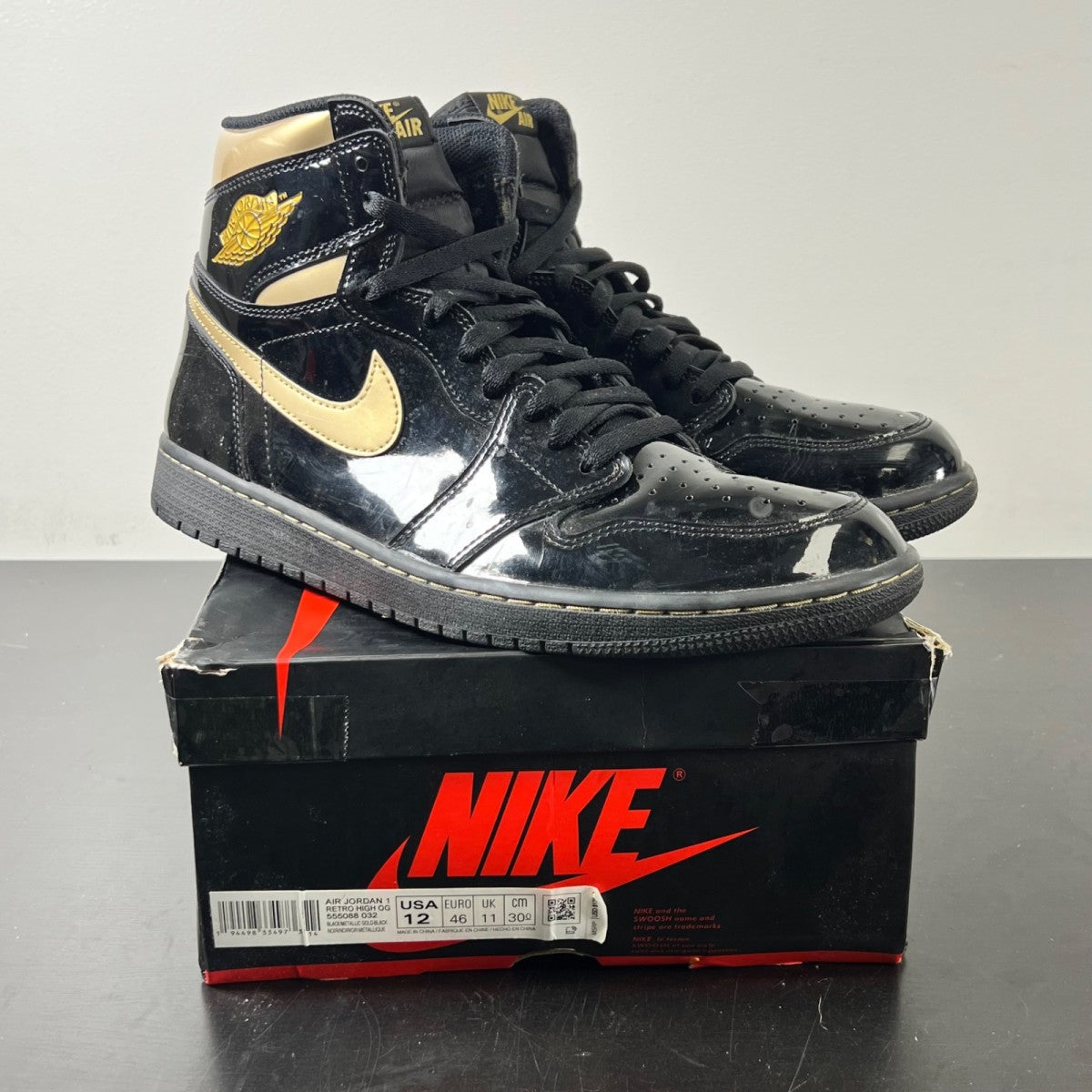 Jordan 1 Retro High Black Metallic Gold (2020) 12 (Heavily Worn Pre-Owned)JordanBlack/Black-Metallic Gold - Image 1
