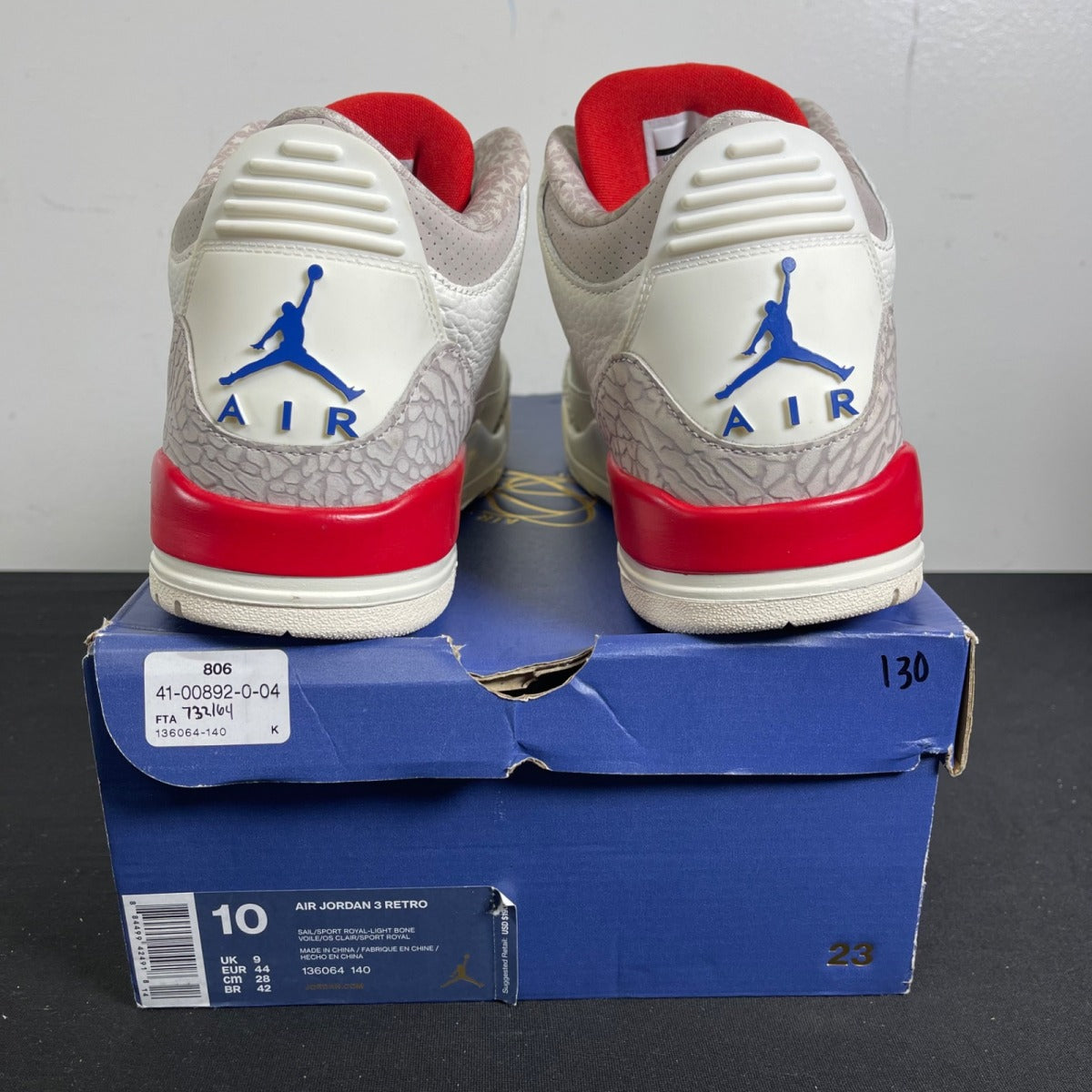 Jordan 3 Retro International Flight 10 (Moderately Worn Pre-Owned)JordanSail/Sport Royal-Light Bone-Fire Red - Image 4