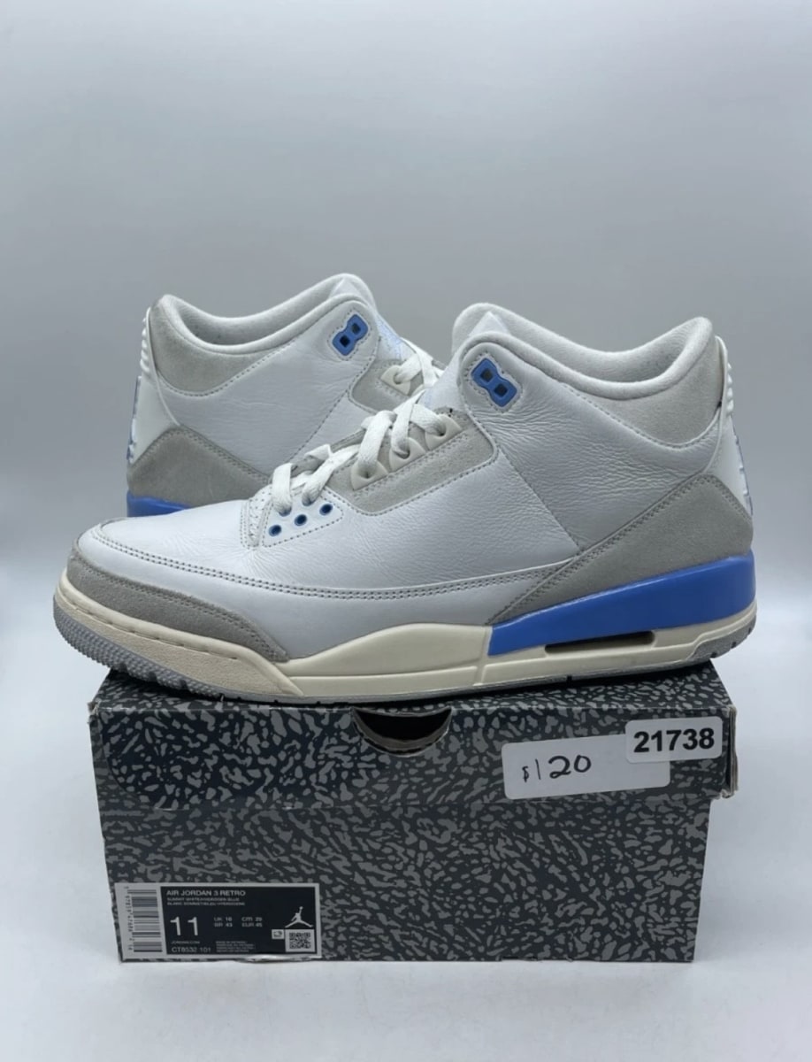 Jordan 3 Retro Lucky Shorts 11 (Moderately Worn Pre-Owned)JordanSummit White/Hydrogen Blue-Legend Blue-Photon Dust-Pure Platinum-Sail - Image 1
