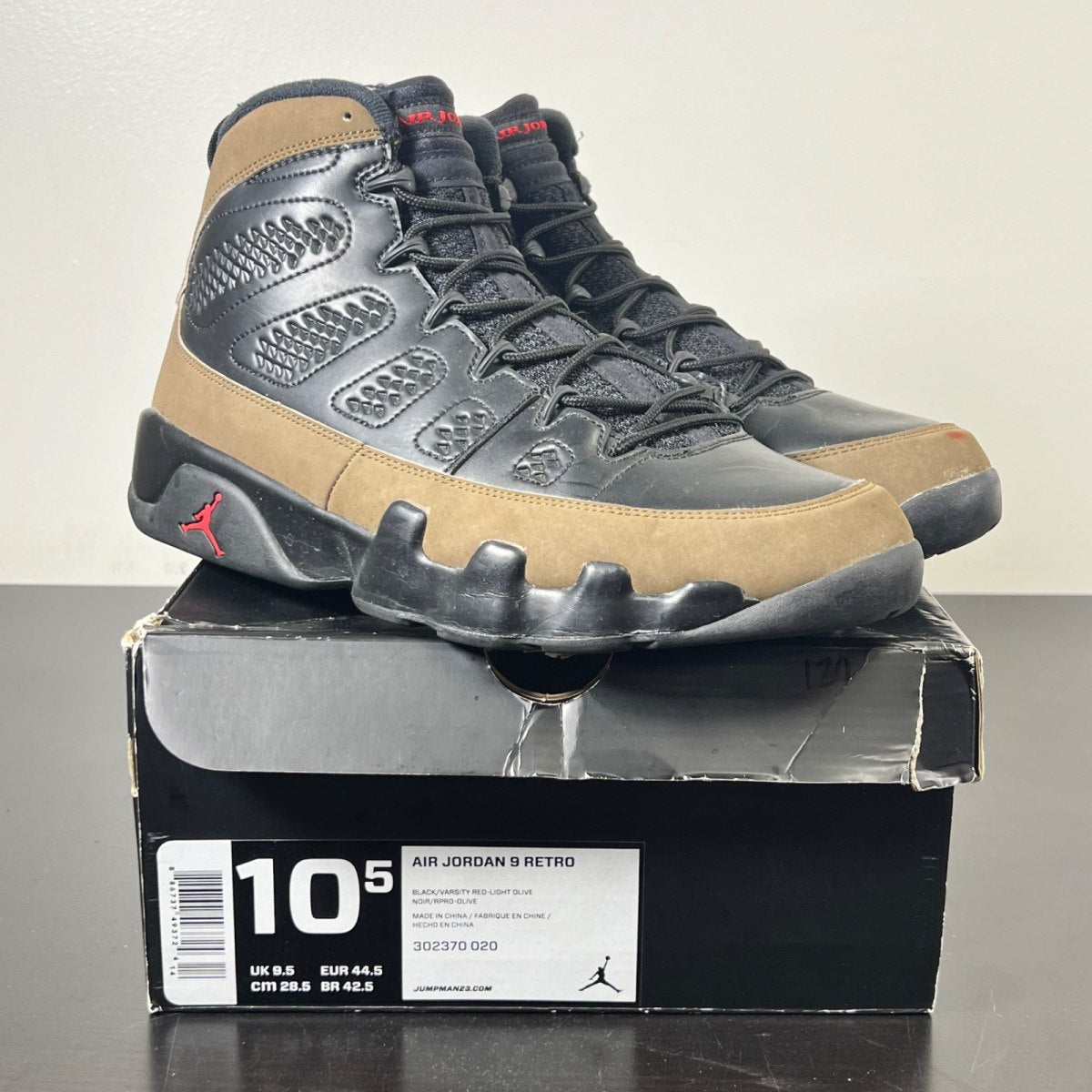 Jordan 9 Retro Olive (2012) 10.5 (Moderately Worn Pre-Owned)JordanBlack/Light Olive-Varsity Red - Image 1
