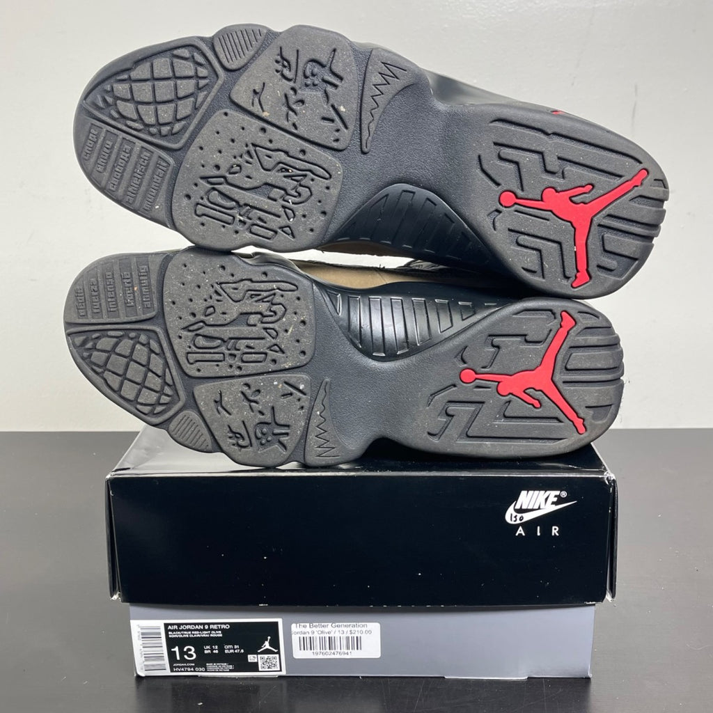 Jordan 9 Retro Olive (2024) 13 (Moderately Worn Pre-Owned)JordanBlack/True Red/Light Olive - Image 5