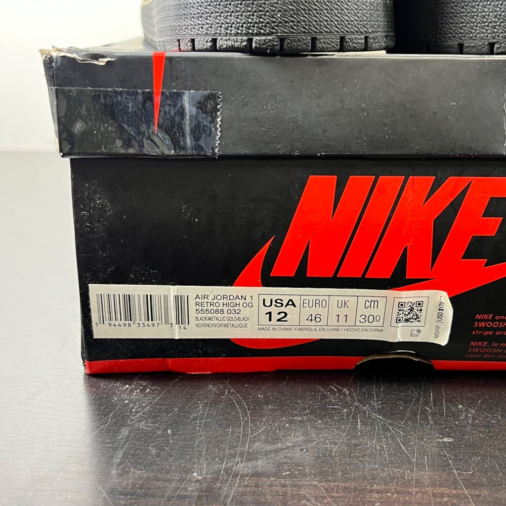 Jordan 1 Retro High Black Metallic Gold (2020) 12 (Heavily Worn Pre-Owned)JordanBlack/Black-Metallic Gold - Image 5