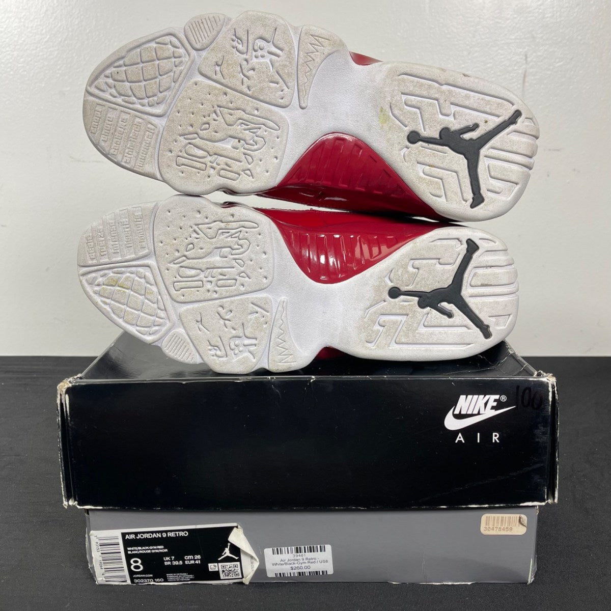 Jordan 9 Retro White Gym Red (Size 8) Moderately Worn - Image 5