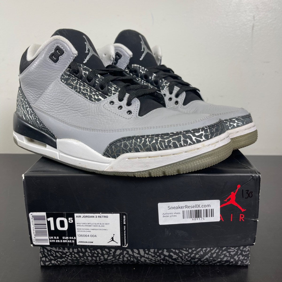 Jordan 3 Retro Wolf Grey 10.5 (Moderately Worn Pre-Owned)JordanWolf Grey/Metallic Silver/Black/White - Image 1